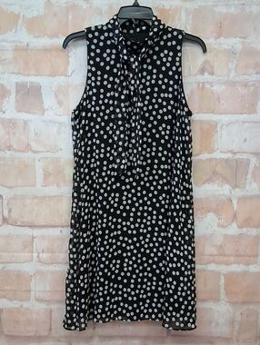 Calvin Klein Black & White Polka Dot Tie-Neck Sleeveless Dress